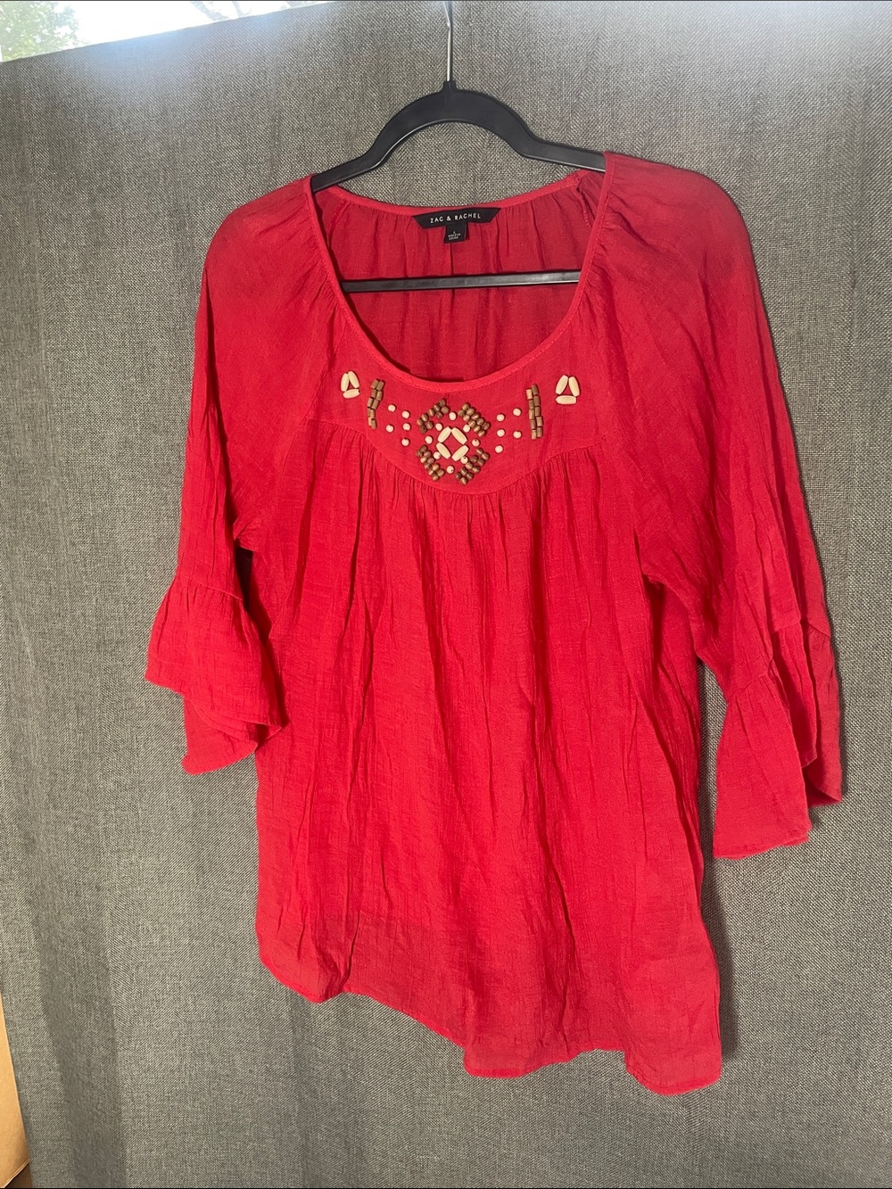 Zac & Rachel Red Peasant Blouse Beaded Boho Ruffle Bell Sleeve Top